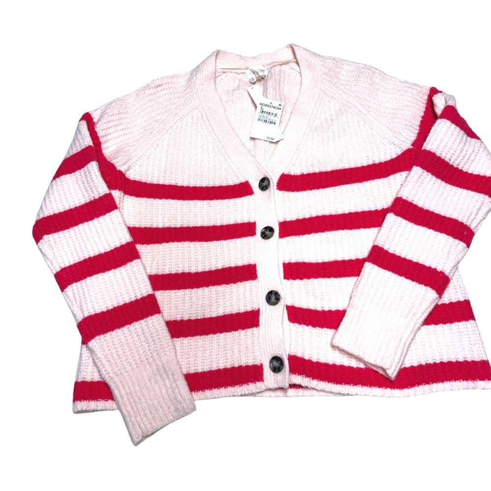 NWT Caslon Pink Striped Wool‎ Blend Ribbed V-Neck Cardigan Sweater M Preppy